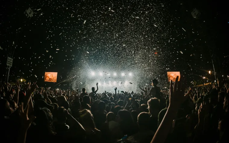 Crowd with hands up at an outdoor music festival, representing the Bass Line music industry economic study